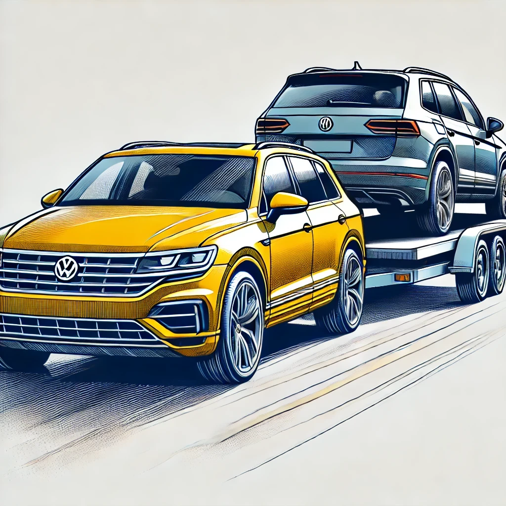 Volkswagen Touareg towing another car on a trailer