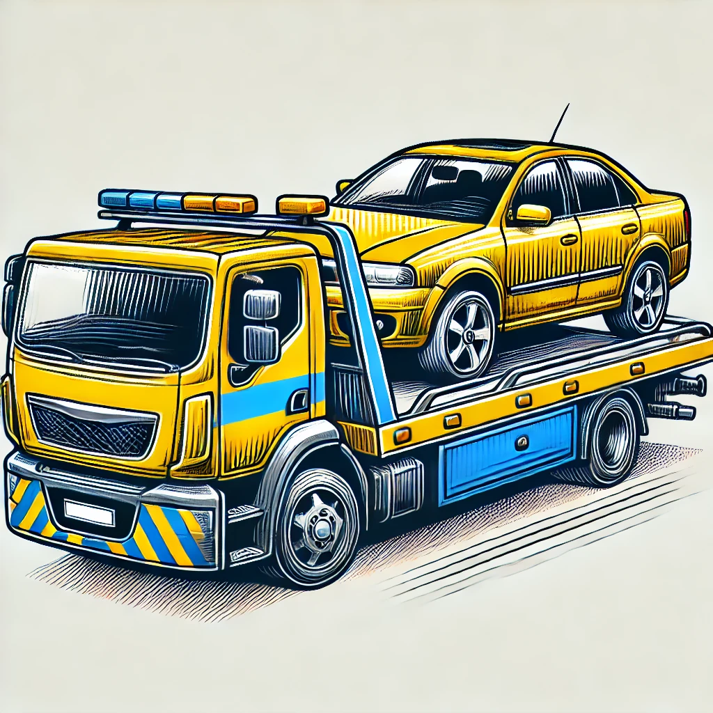 Car transporter truck transporting a vehicle